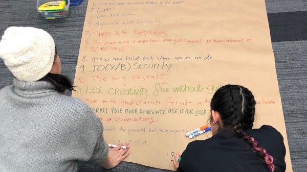 Overhead shot of two people writing a list on a large brown paper